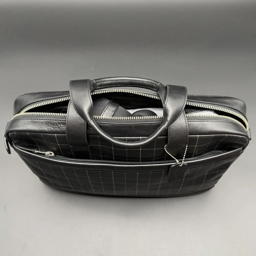 COACH Bag Briefcase Business Men's Leather Black‎ F71561 HUDSON Rare Plaid NWOT